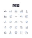 City line icons collection. Town, Metropolis, Capital, Municipality, Township, Settlement, Conurbation vector and linear