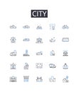 City line icons collection. Town, Metropolis, Capital, Municipality, Township, Settlement, Conurbation vector and linear