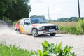 Amateur rally, dirt road, car with rider. Latvia 2018 Royalty Free Stock Photo