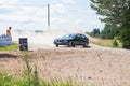 Amateur rally, dirt road, car with rider. Latvia 2018 Royalty Free Stock Photo