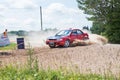 Amateur rally, dirt road, car with rider. Latvia 2018 Royalty Free Stock Photo