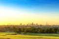 The City of London Cityscape at Sunrise with early Morning Mist from Hampstead Heath. Buildings include the Shard, Gherkin 30 St M Royalty Free Stock Photo