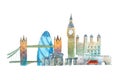 City of London Skyline famous landmarks travel and tourism waercolor illustration.