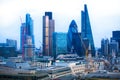 City of London at sunset. Famous skyscrapers City of London business and banking aria view at dusk. London, UK