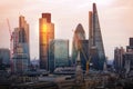 City of London at sunset. Famous skyscrapers City of London business and banking aria view at dusk. London, UK