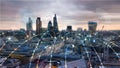 City of London at sunset. Illustration with communication and business icons, network connections concept. Royalty Free Stock Photo