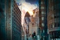 City of London at sunset. View include Office buildings banking and financial district and people crossing the road Royalty Free Stock Photo
