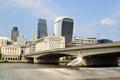 City of London, Thames river, Walkie-Talkie, the Cheesegrater skyscrapers and the London bridge.