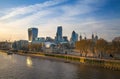 City of London and Tower on the river Thames in sun set light Royalty Free Stock Photo