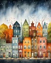 The city lot houses trees illustrated autumn night terraces