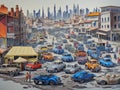 City, lots of cars, people, watercolor, impressionism.