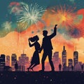 City Love: A Couple Dancing Under Fireworks Royalty Free Stock Photo