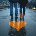 City love Couples feet meet by heart on Budapest tarmac