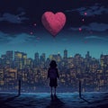 City Love: Person holding heart-shaped balloon in front of skyline at night Royalty Free Stock Photo