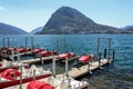 City of Lugano at the lake Lugano. View of the water bikes at the pier. Switzerland