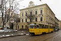 15.02.2021 City of Lviv, tram at the intersection of st. P. Doroshenko and Svobody Avenue. Lviv city center is a UNESCO heritage s