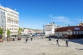 City main square and large cruise ship parked at the port, Stavanger