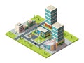 City mall. Urban isometric landscape with big modern building of retail hypermarket shopping center vector 3d map Royalty Free Stock Photo