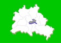 City map of Berlin in white with illustrative silhouette of the Friedrichshain - Kreuzberg district in gray