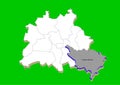 City map of Berlin in white with illustrative silhouette of the Treptow-KÃÂ¶penic district in gray