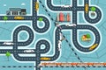 City Map with Cars on Roads. Top View Town Life with Railroad, Streets and Buildings