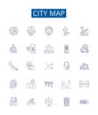 City map line icons signs set. Design collection of City, Map, Urban, Town, Geography, Chart, Plan, Guide outline