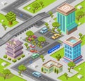 City parking lot isometric 3D illustration of modern urban office buildings and cars parking area map