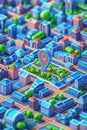 A city map with a pin in the middle. Can be used for navigation or to mark a specific location