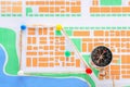 City map with pushpins and compass. Travel planning Royalty Free Stock Photo