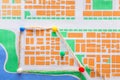 City map with pushpins and rope, top view. Travel planning Royalty Free Stock Photo