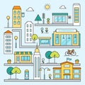 City Map with Streets, Buildings and Places Vector Outline Colored Illustration