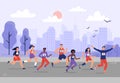 City marathon. People running together, athletic training and sport marathons runners vector illustration