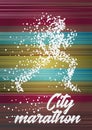 City marathon poster design concept with running woman particle divergent silhouette