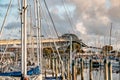 City marina skyline with yacht masts on the foreground