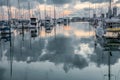 City marina skyline with yacht masts on the foreground