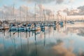 City marina skyline with yacht masts on the foreground