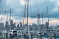 City marina skyline with yacht masts on the foreground