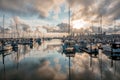 City marina skyline with yacht masts on the foreground