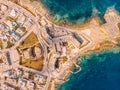 City Marsaskala Malta summer harbour water mediterranean sea blue. Aerial top view