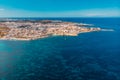 City Marsaskala Malta summer harbour water mediterranean sea blue. Aerial top view