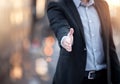 City, meeting or businessman offer handshake outdoor in collaboration, teamwork or partnership opportunity. Welcome Royalty Free Stock Photo