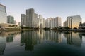 City of Miami, Florida skyline reflected in Biscayne Bay at sunrise. Royalty Free Stock Photo