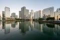 City of Miami, Florida skyline reflected in Biscayne Bay at sunrise. Royalty Free Stock Photo