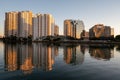 City of Miami, Florida skyline reflected in Biscayne Bay at sunrise. Royalty Free Stock Photo