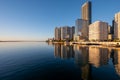 City of Miami, Florida skyline reflected in Biscayne Bay at sunrise. Royalty Free Stock Photo