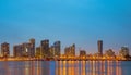 City of Miami Florida, sunset panorama with business and residential buildings and bridge on Biscayne Bay. Skyline night Royalty Free Stock Photo