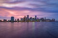 City of Miami Florida, sunset panorama with business and residential buildings and bridge on Biscayne Bay. Skyline night Royalty Free Stock Photo