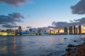 City of Miami Florida, sunset panorama with business and residential buildings and bridge on Biscayne Bay. Skyline night