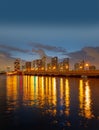 City of Miami Florida, sunset panorama with business and residential buildings and bridge on Biscayne Bay. Skyline night