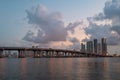 City of Miami Florida, sunset panorama with business and residential buildings and bridge on Biscayne Bay. Skyline night